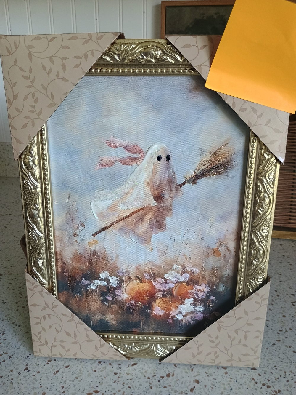 Gold Framed Ghost Broom Picture Canvas Artwork Wall Art Halloween 12×9 New